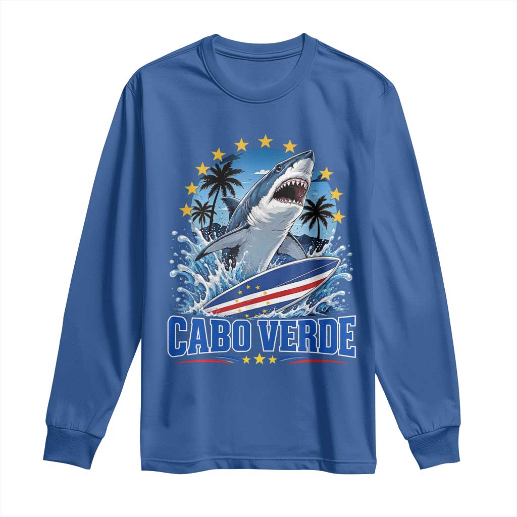 Cabo Verde Surfing Blue Shark Surfboard Long Sleeve Shirt Cape Verde Flag Tropical Ocean Wave