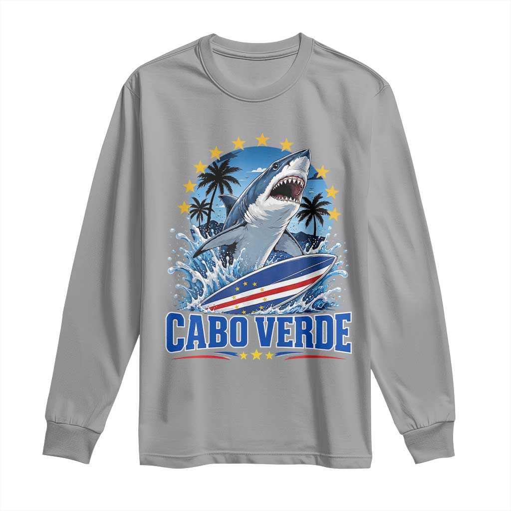Cabo Verde Surfing Blue Shark Surfboard Long Sleeve Shirt Cape Verde Flag Tropical Ocean Wave