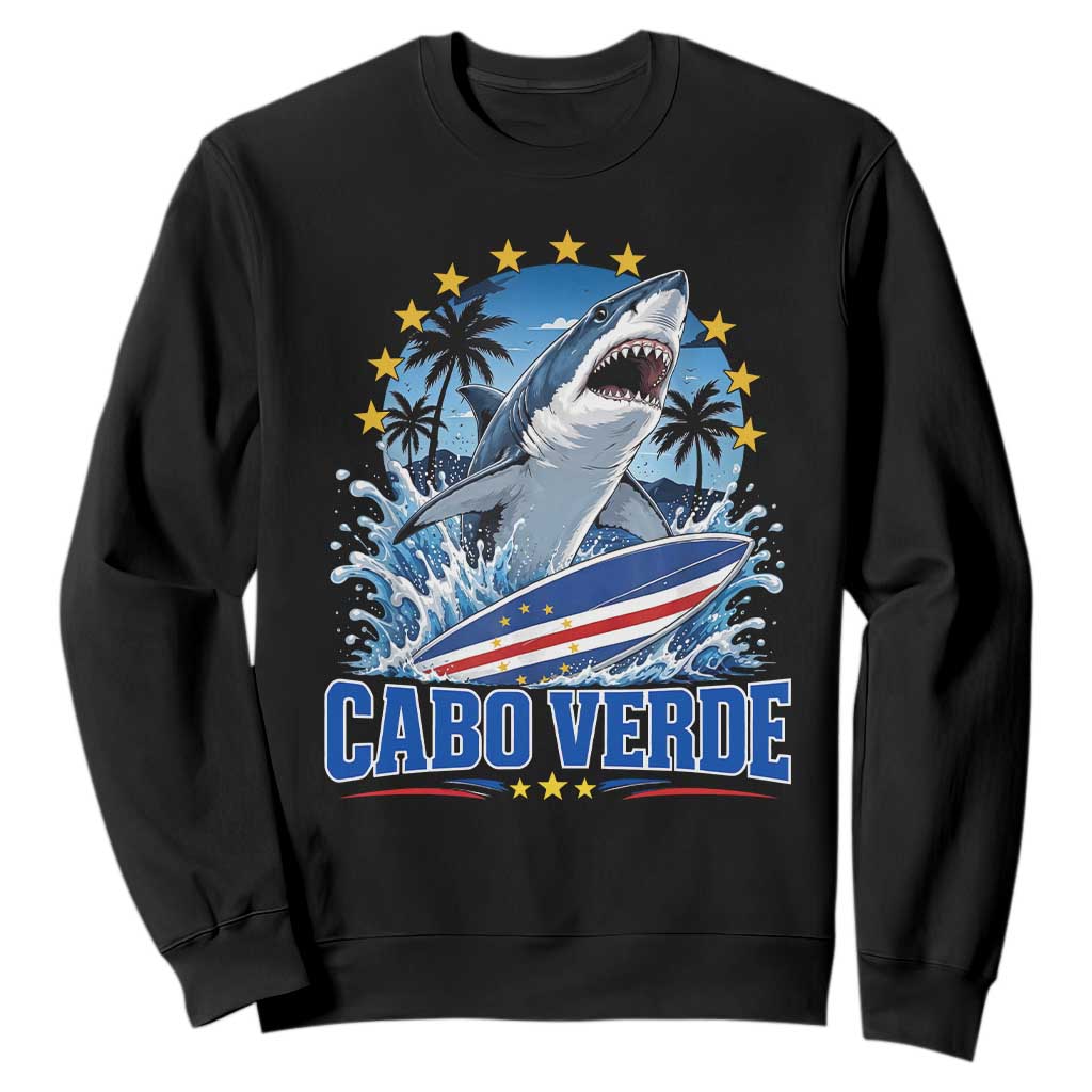 Cabo Verde Surfing Blue Shark Surfboard Sweatshirt Cape Verde Flag Tropical Ocean Wave