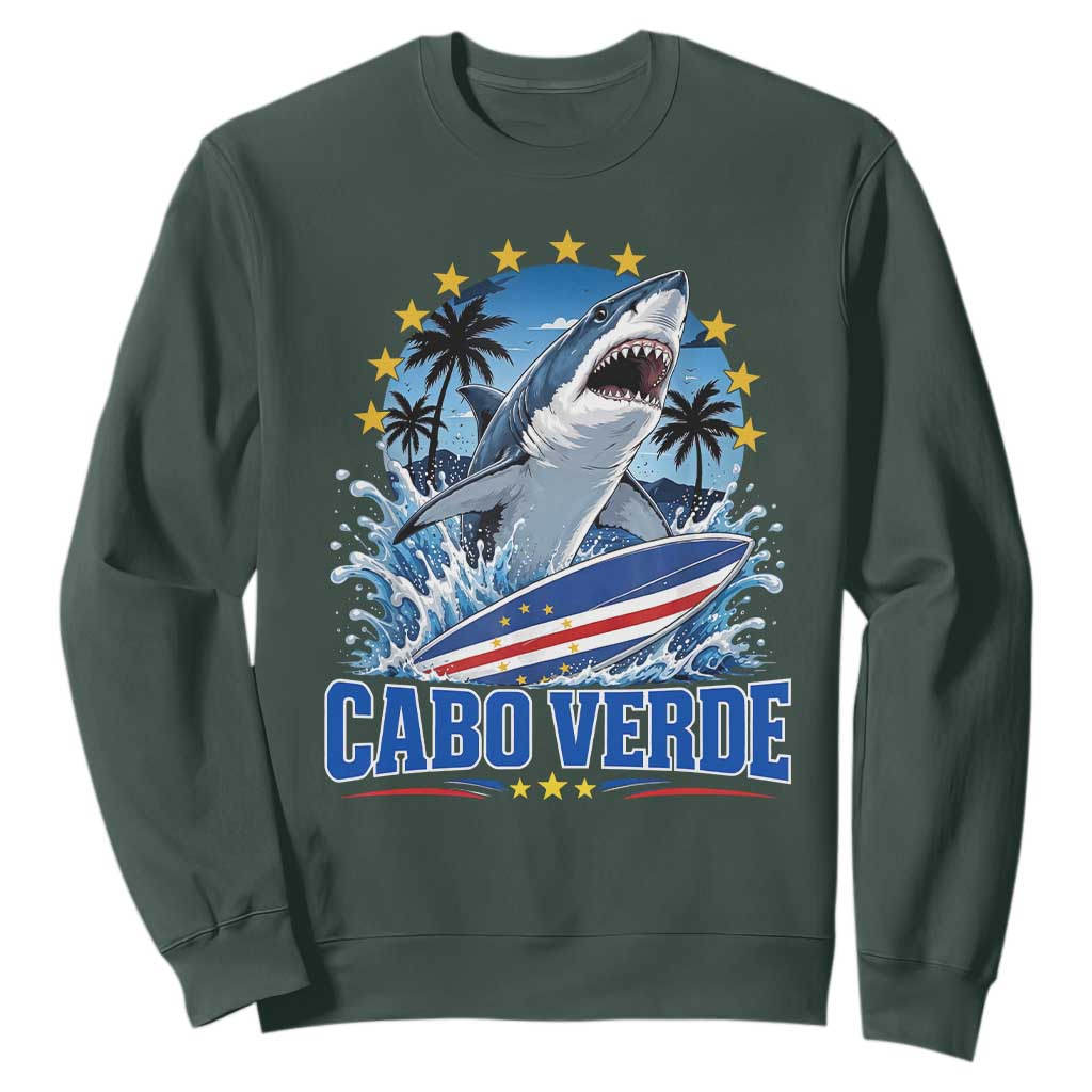Cabo Verde Surfing Blue Shark Surfboard Sweatshirt Cape Verde Flag Tropical Ocean Wave