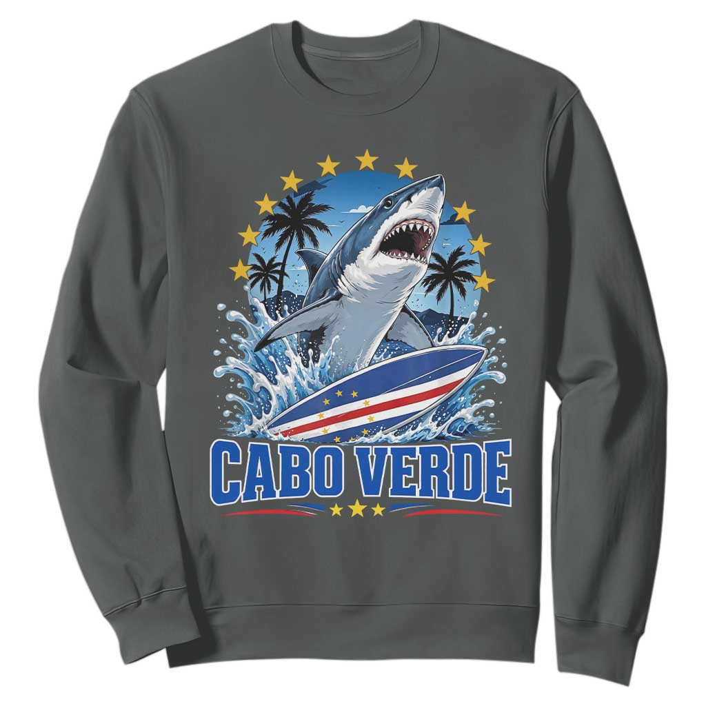 Cabo Verde Surfing Blue Shark Surfboard Sweatshirt Cape Verde Flag Tropical Ocean Wave