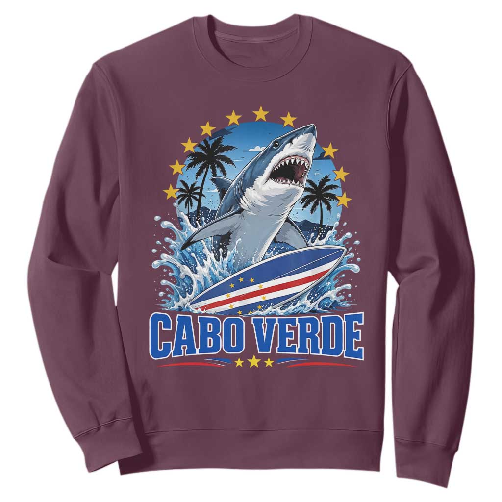 Cabo Verde Surfing Blue Shark Surfboard Sweatshirt Cape Verde Flag Tropical Ocean Wave