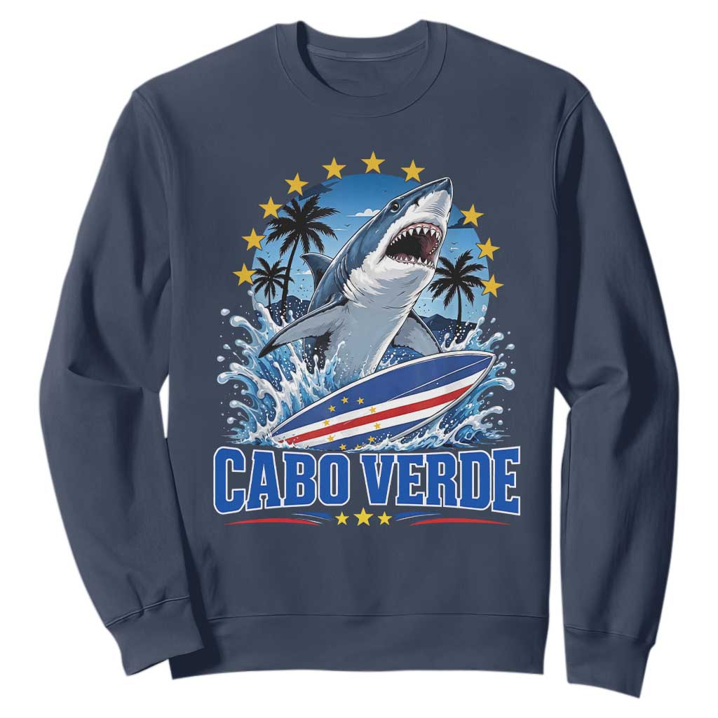 Cabo Verde Surfing Blue Shark Surfboard Sweatshirt Cape Verde Flag Tropical Ocean Wave
