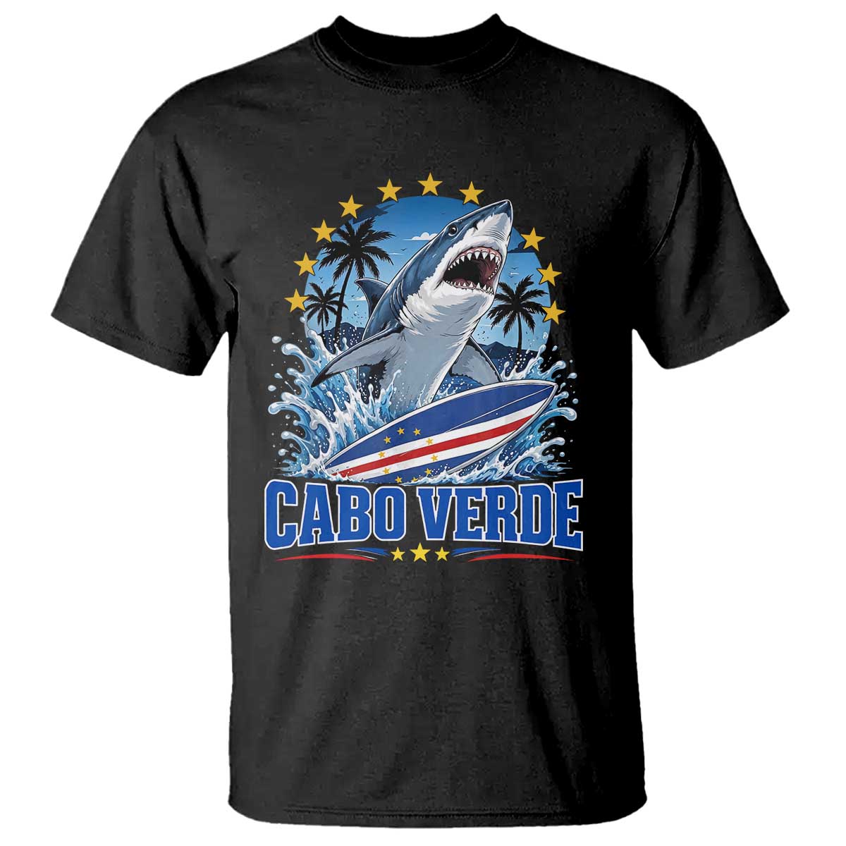 Cabo Verde Surfing Blue Shark Surfboard T Shirt Cape Verde Flag Tropical Ocean Wave