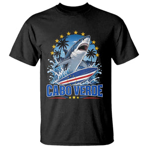 Cabo Verde Surfing Blue Shark Surfboard T Shirt Cape Verde Flag Tropical Ocean Wave