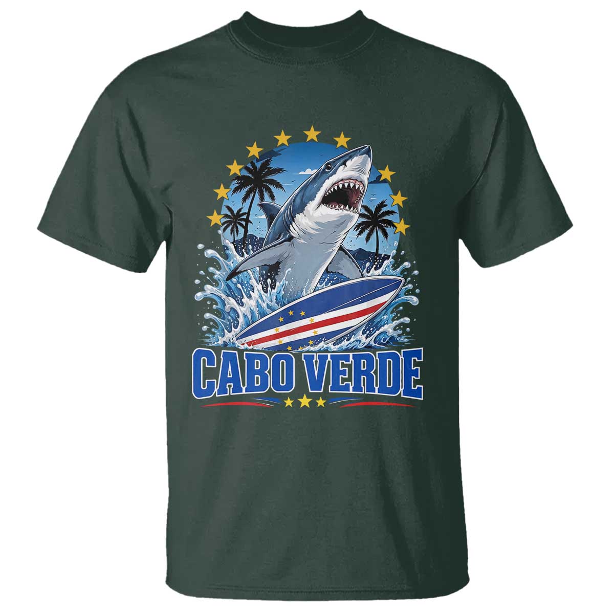 Cabo Verde Surfing Blue Shark Surfboard T Shirt Cape Verde Flag Tropical Ocean Wave