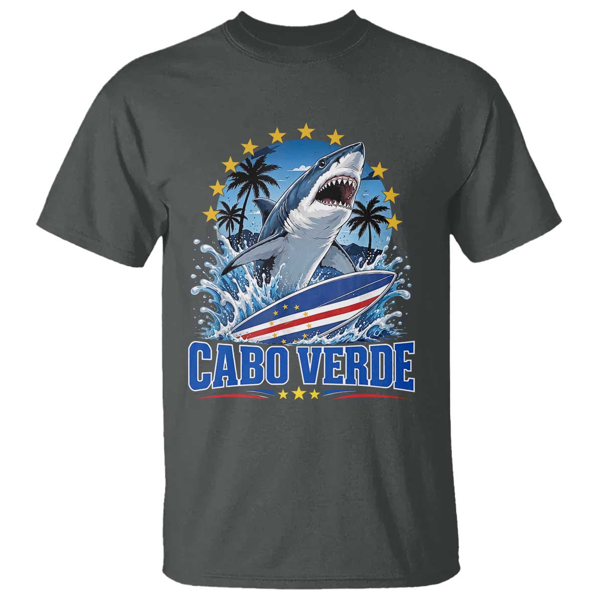 Cabo Verde Surfing Blue Shark Surfboard T Shirt Cape Verde Flag Tropical Ocean Wave