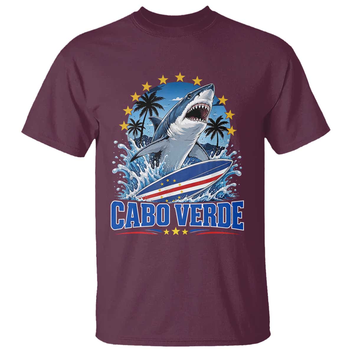 Cabo Verde Surfing Blue Shark Surfboard T Shirt Cape Verde Flag Tropical Ocean Wave