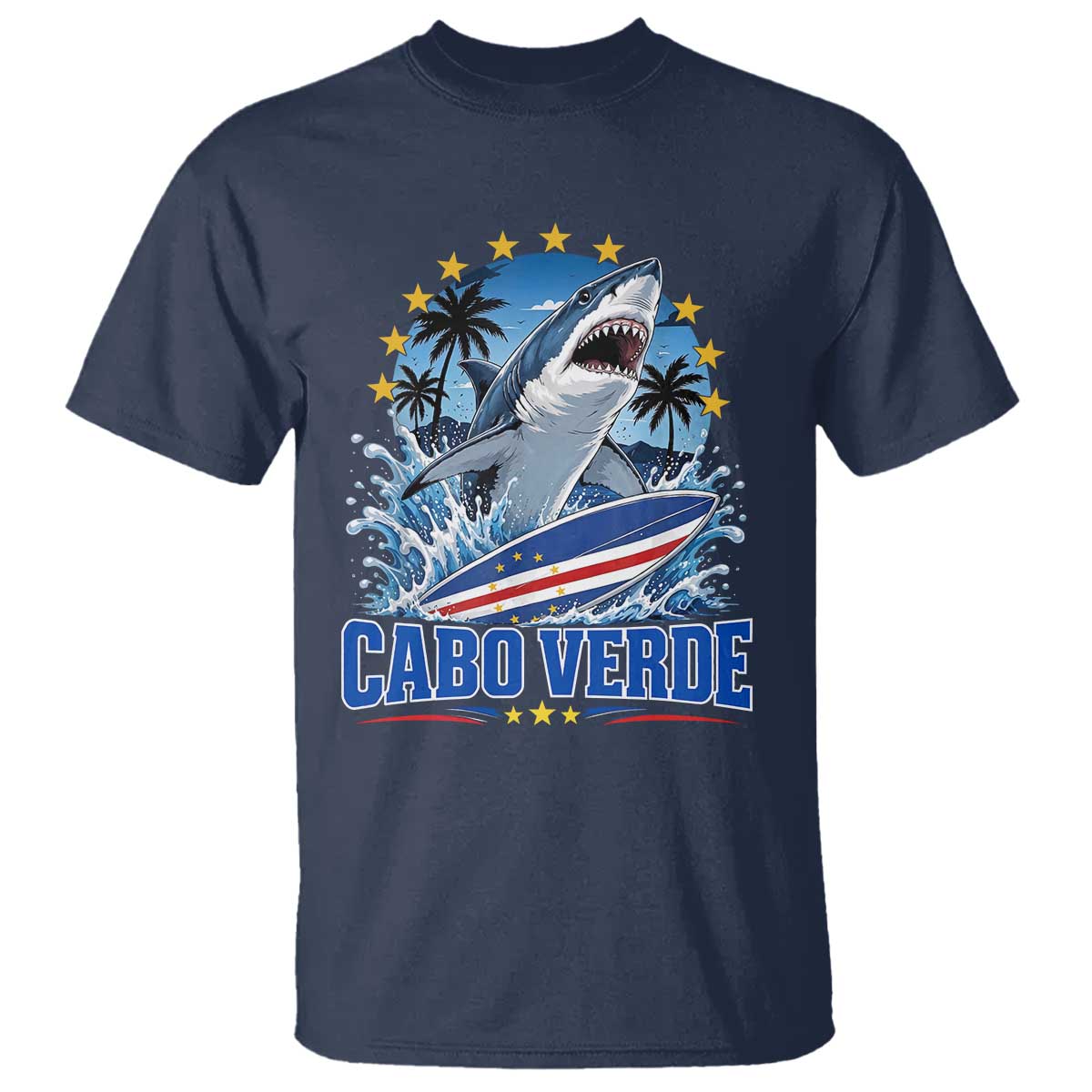 Cabo Verde Surfing Blue Shark Surfboard T Shirt Cape Verde Flag Tropical Ocean Wave