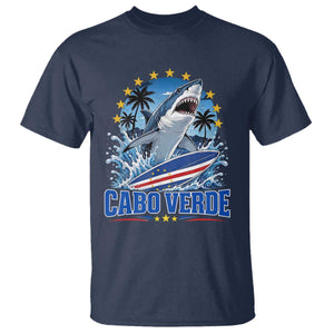 Cabo Verde Surfing Blue Shark Surfboard T Shirt Cape Verde Flag Tropical Ocean Wave