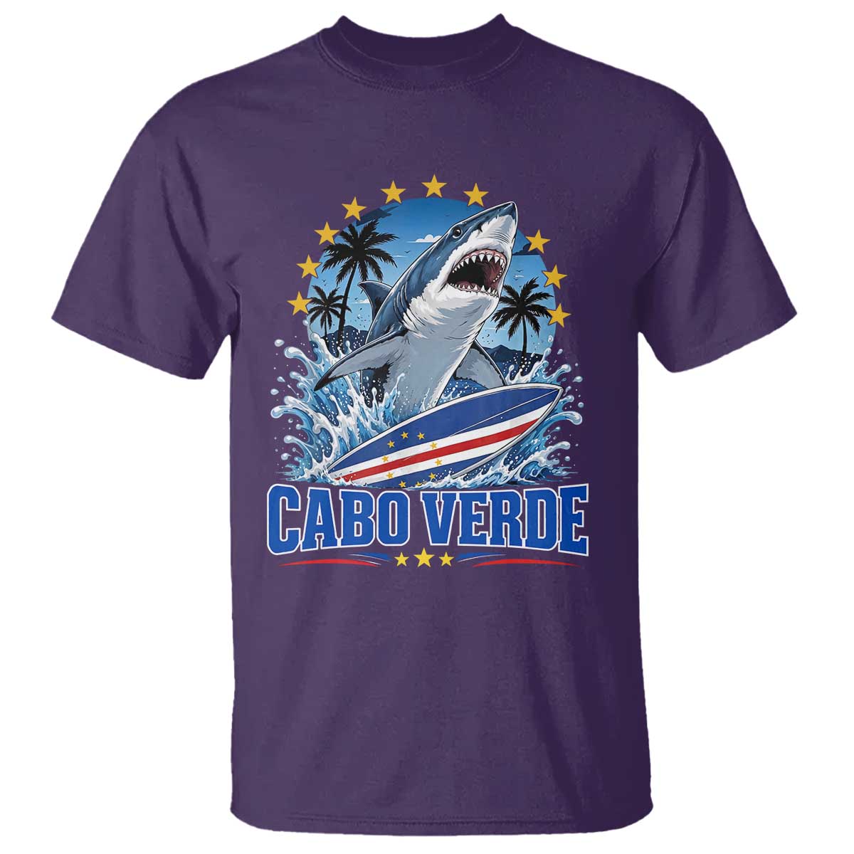 Cabo Verde Surfing Blue Shark Surfboard T Shirt Cape Verde Flag Tropical Ocean Wave