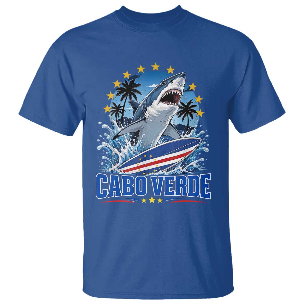 Cabo Verde Surfing Blue Shark Surfboard T Shirt Cape Verde Flag Tropical Ocean Wave
