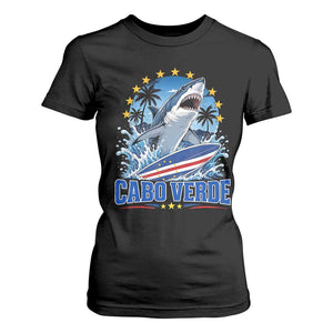 Cabo Verde Surfing Blue Shark Surfboard T Shirt For Women Cape Verde Flag Tropical Ocean Wave