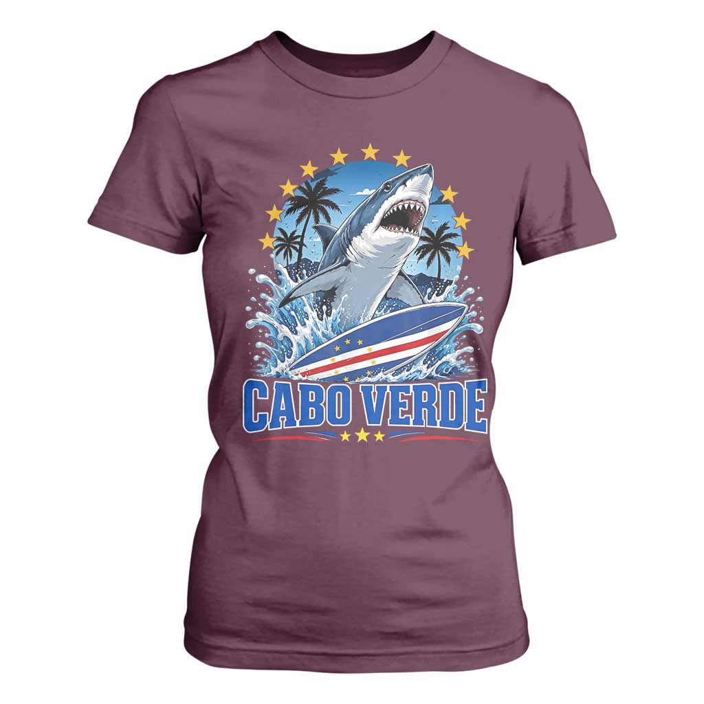 Cabo Verde Surfing Blue Shark Surfboard T Shirt For Women Cape Verde Flag Tropical Ocean Wave