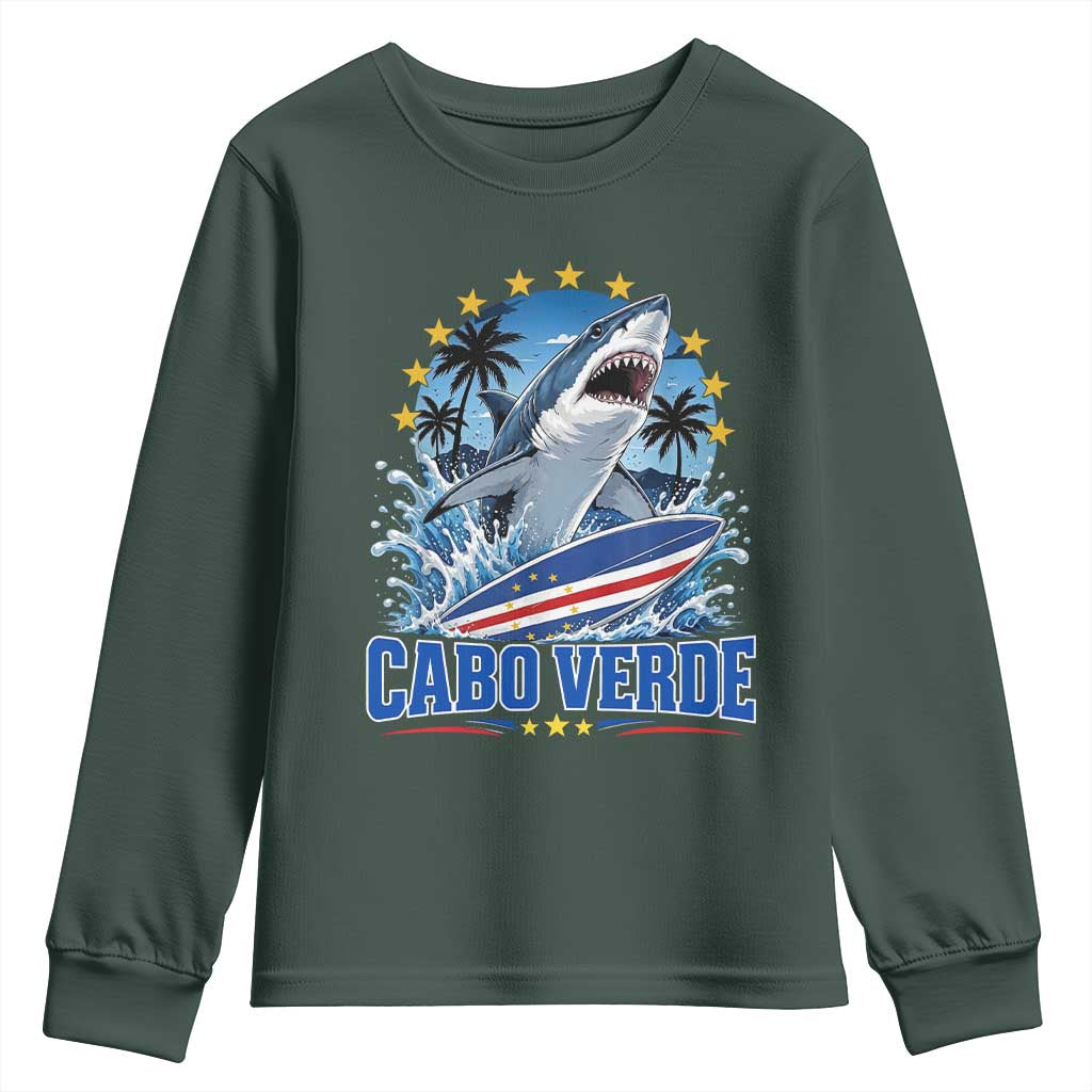 Cabo Verde Surfing Blue Shark Surfboard Youth Sweatshirt Cape Verde Flag Tropical Ocean Wave