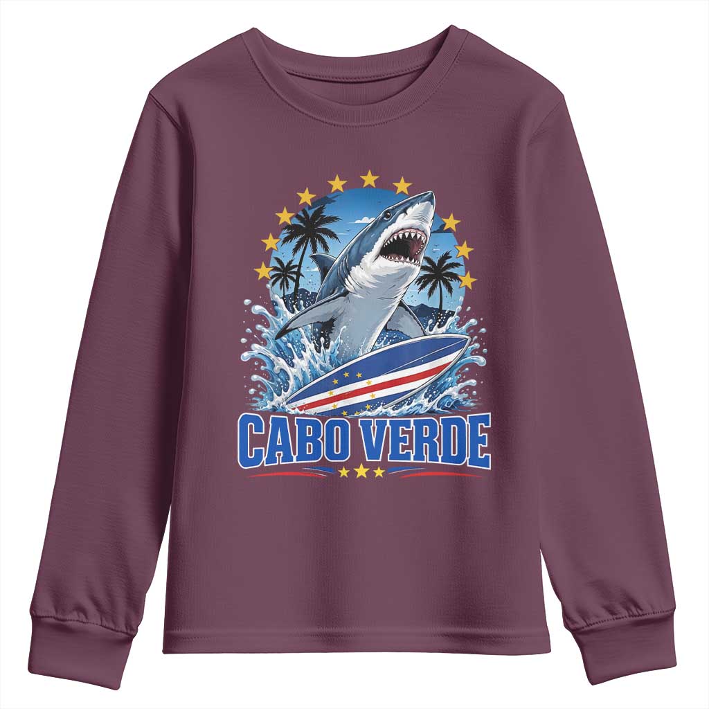 Cabo Verde Surfing Blue Shark Surfboard Youth Sweatshirt Cape Verde Flag Tropical Ocean Wave