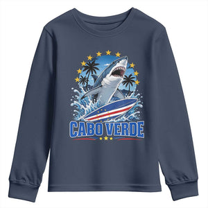 Cabo Verde Surfing Blue Shark Surfboard Youth Sweatshirt Cape Verde Flag Tropical Ocean Wave
