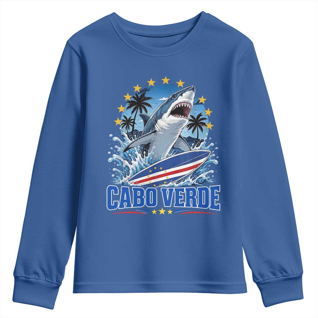 Cabo Verde Surfing Blue Shark Surfboard Youth Sweatshirt Cape Verde Flag Tropical Ocean Wave