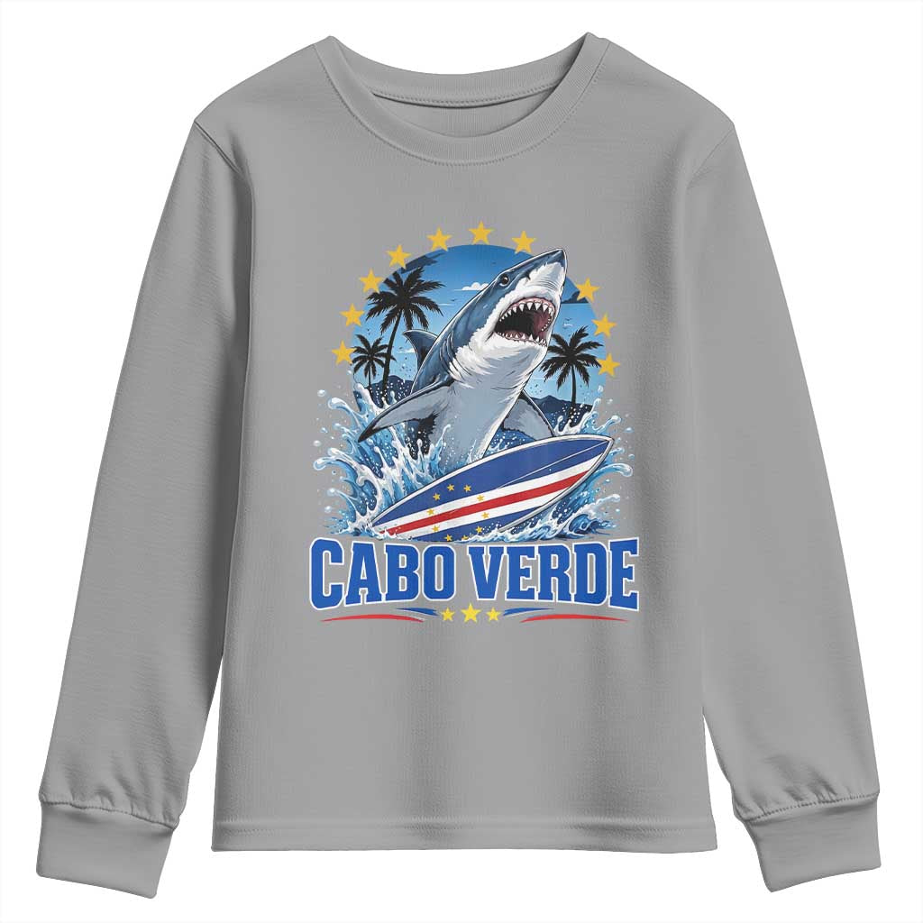 Cabo Verde Surfing Blue Shark Surfboard Youth Sweatshirt Cape Verde Flag Tropical Ocean Wave