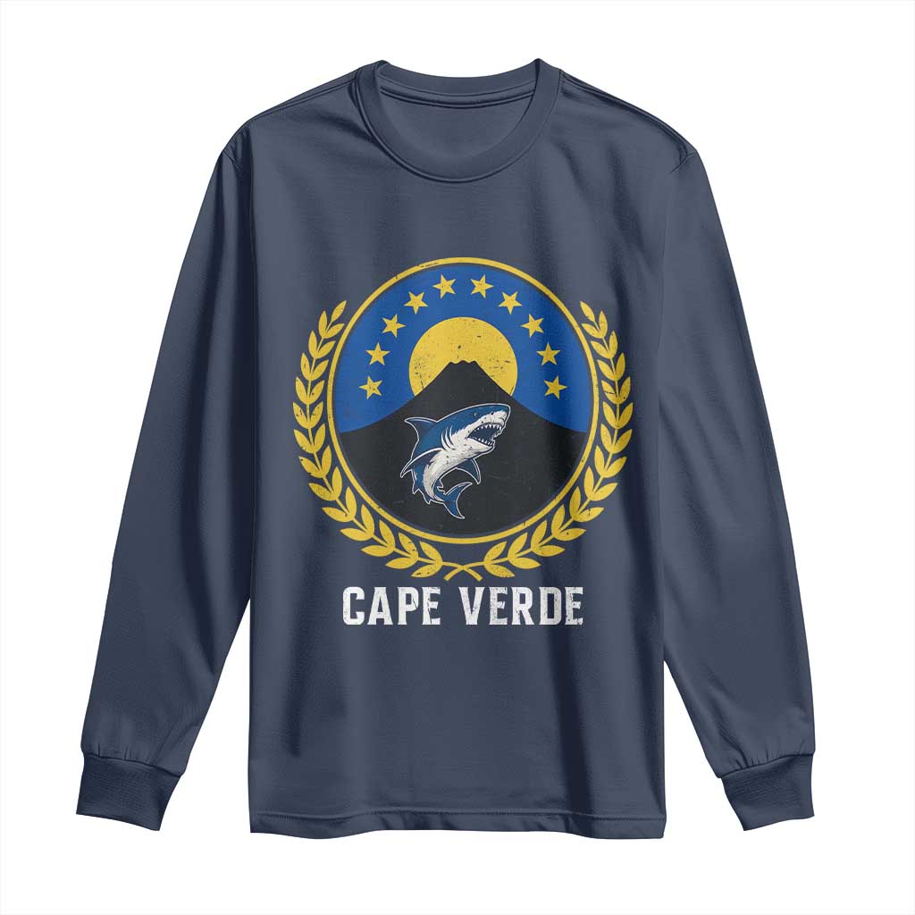 Cape Verde Volcano Blue Sharks Gold Laurel Crest Graphic Long Sleeve Shirt Retro Cabo Verde Heritage Pride
