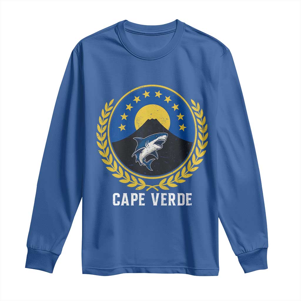 Cape Verde Volcano Blue Sharks Gold Laurel Crest Graphic Long Sleeve Shirt Retro Cabo Verde Heritage Pride