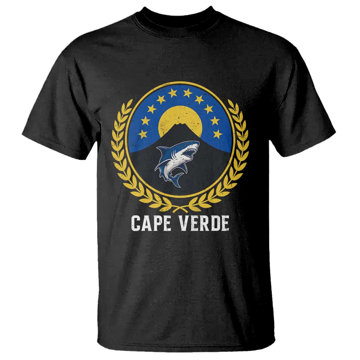 Cape Verde Volcano Blue Sharks Gold Laurel Crest Graphic T Shirt Retro Cabo Verde Heritage Pride