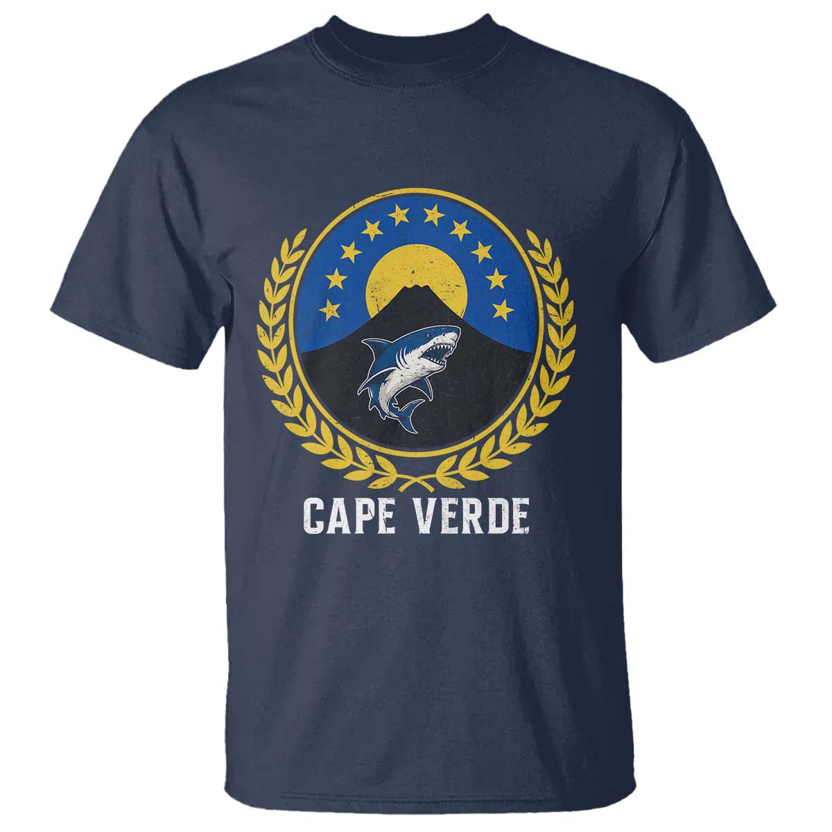 Cape Verde Volcano Blue Sharks Gold Laurel Crest Graphic T Shirt Retro Cabo Verde Heritage Pride