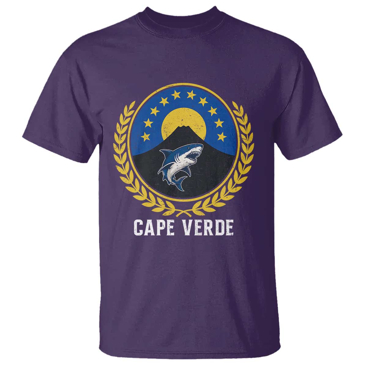 Cape Verde Volcano Blue Sharks Gold Laurel Crest Graphic T Shirt Retro Cabo Verde Heritage Pride