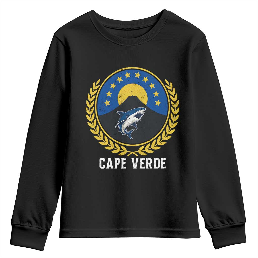 Cape Verde Volcano Blue Sharks Gold Laurel Crest Graphic Youth Sweatshirt Retro Cabo Verde Heritage Pride
