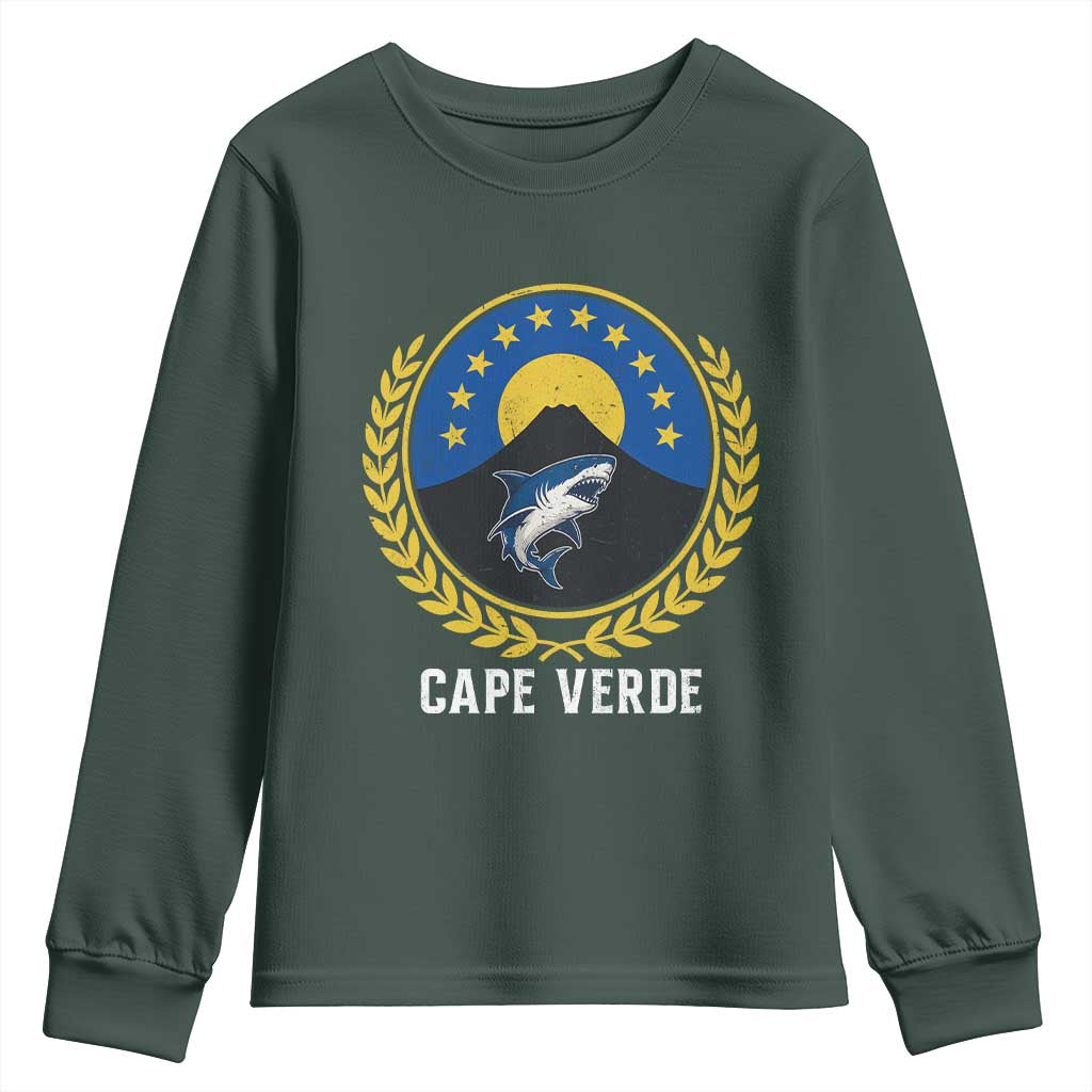 Cape Verde Volcano Blue Sharks Gold Laurel Crest Graphic Youth Sweatshirt Retro Cabo Verde Heritage Pride