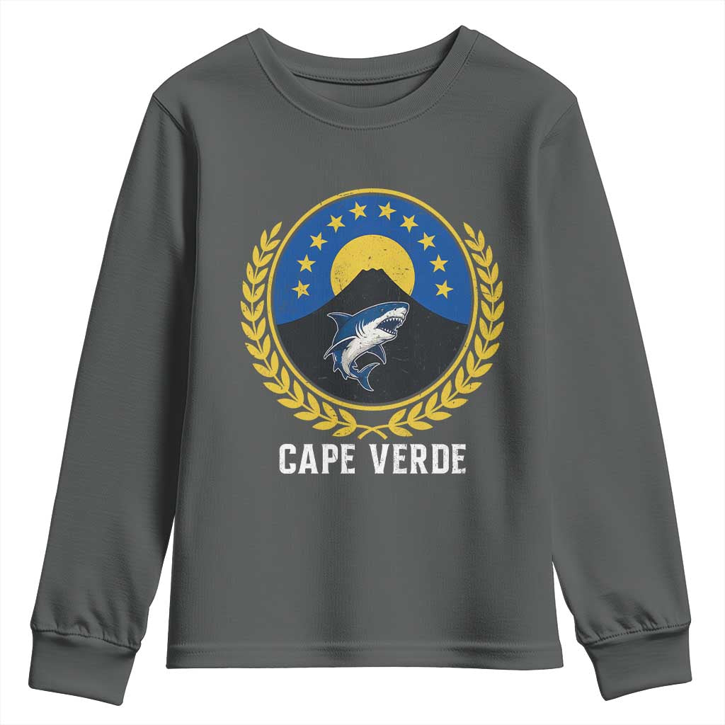 Cape Verde Volcano Blue Sharks Gold Laurel Crest Graphic Youth Sweatshirt Retro Cabo Verde Heritage Pride