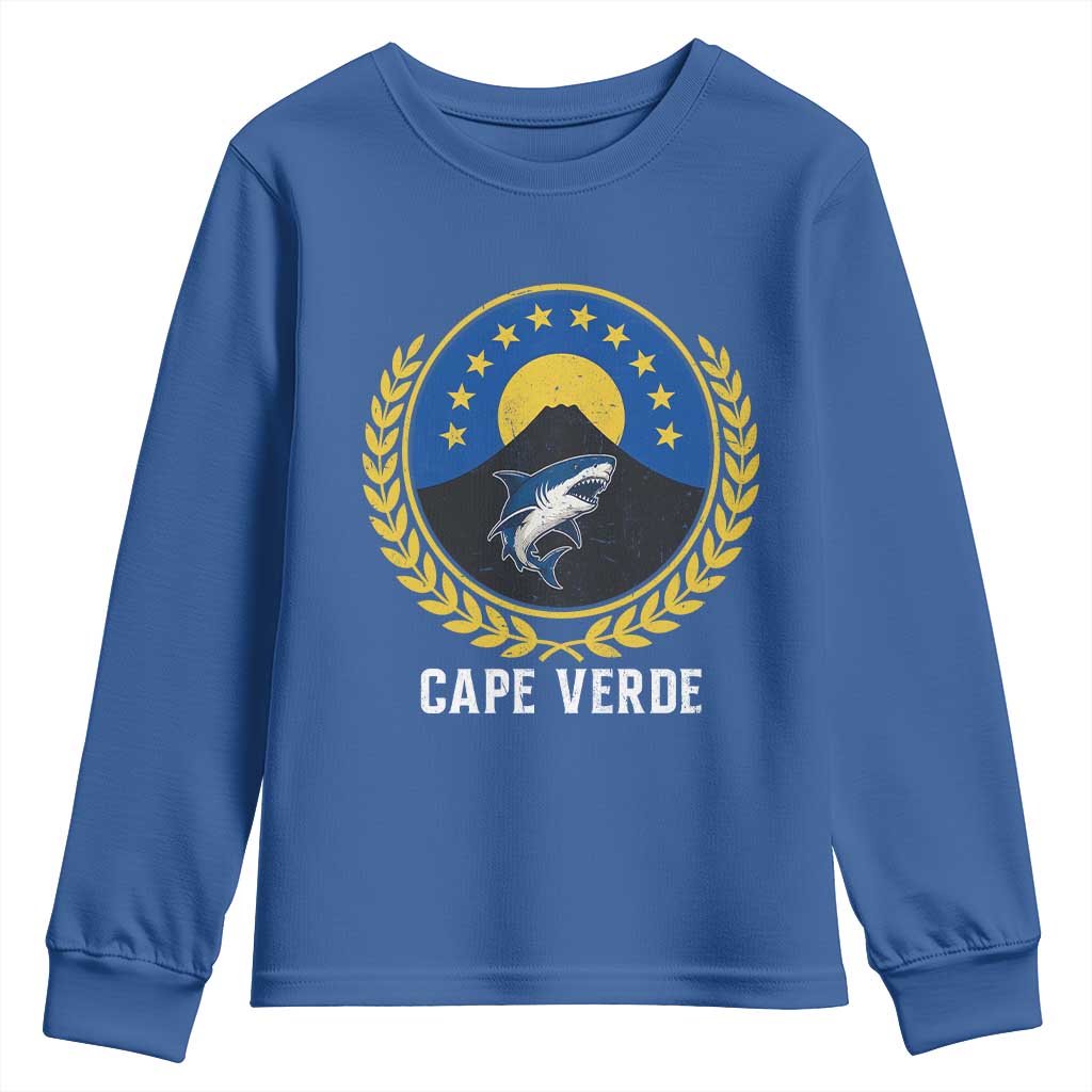 Cape Verde Volcano Blue Sharks Gold Laurel Crest Graphic Youth Sweatshirt Retro Cabo Verde Heritage Pride