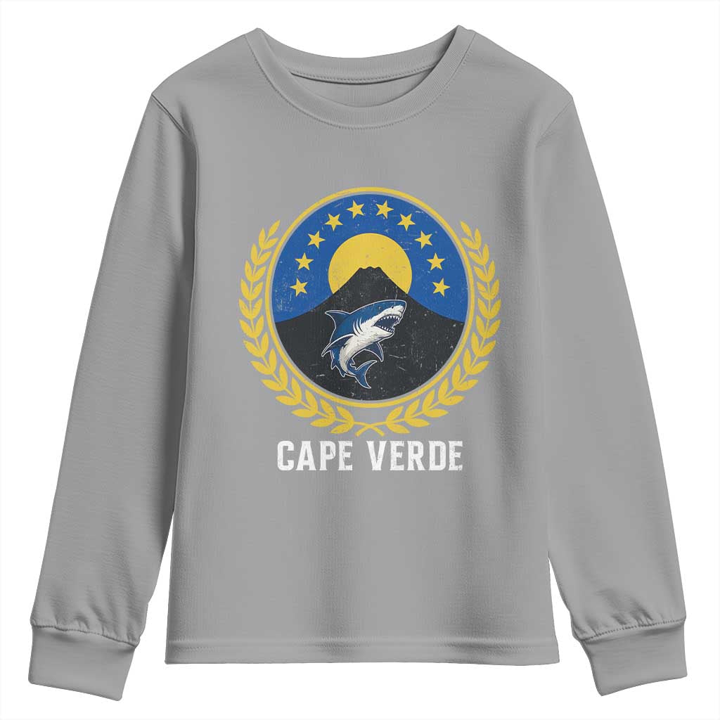 Cape Verde Volcano Blue Sharks Gold Laurel Crest Graphic Youth Sweatshirt Retro Cabo Verde Heritage Pride