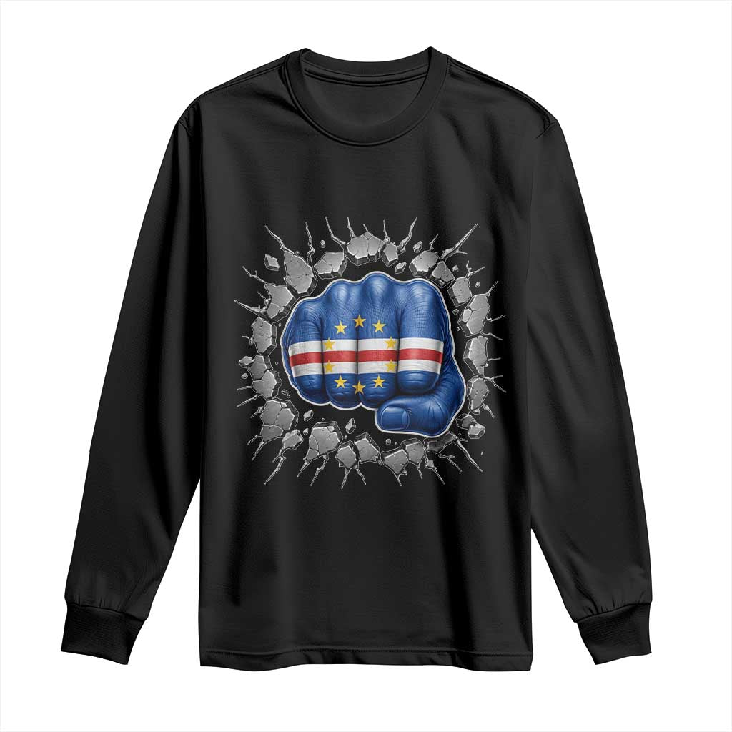 Cape Verde Flag Fist Power Stone Wall Break Graphic Long Sleeve Shirt Cabo Verde Strong Roots National Pride