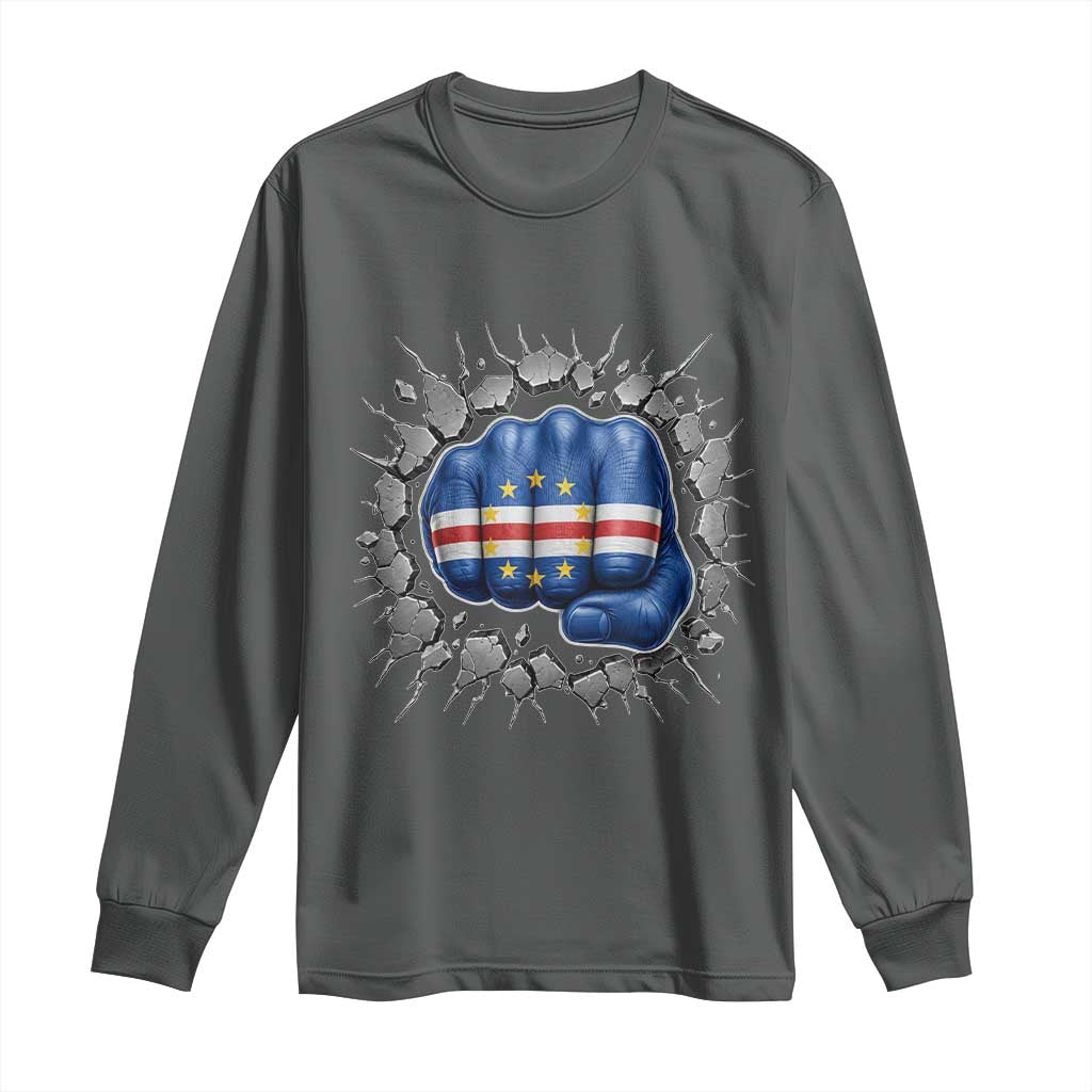 Cape Verde Flag Fist Power Stone Wall Break Graphic Long Sleeve Shirt Cabo Verde Strong Roots National Pride