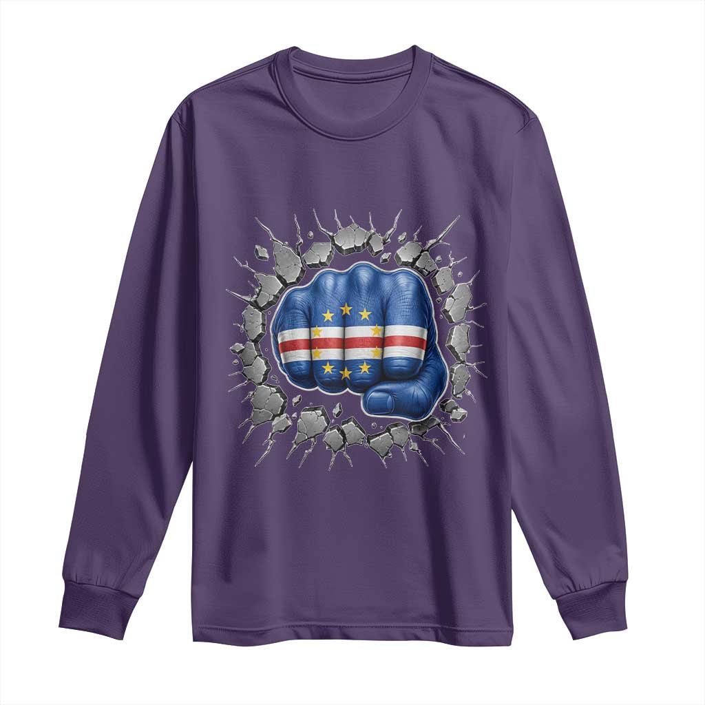 Cape Verde Flag Fist Power Stone Wall Break Graphic Long Sleeve Shirt Cabo Verde Strong Roots National Pride