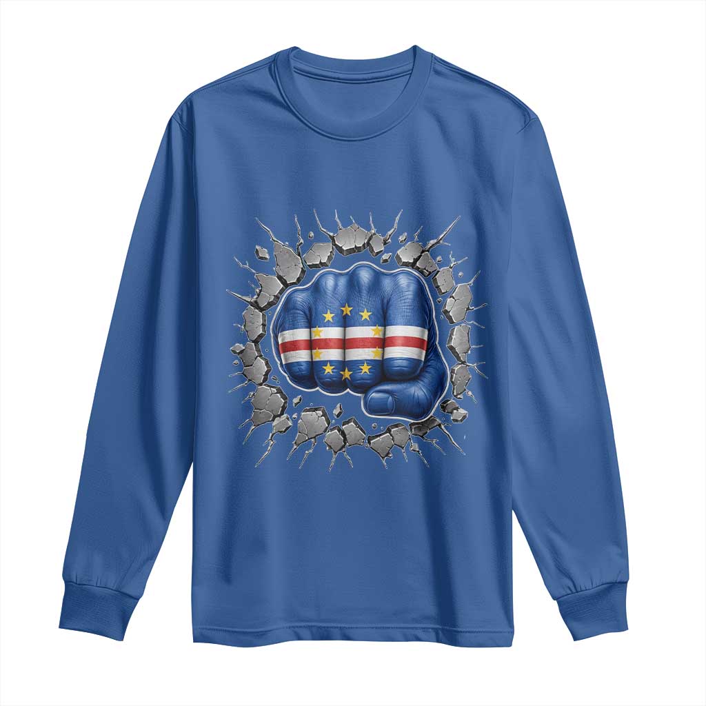 Cape Verde Flag Fist Power Stone Wall Break Graphic Long Sleeve Shirt Cabo Verde Strong Roots National Pride