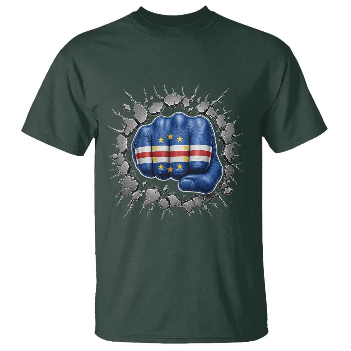 Cape Verde Flag Fist Power Stone Wall Break Graphic T Shirt Cabo Verde Strong Roots National Pride