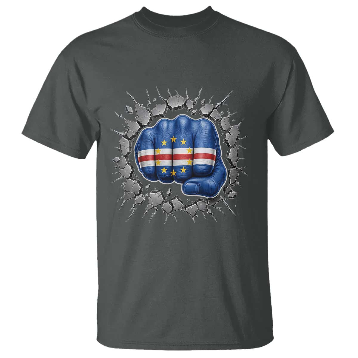 Cape Verde Flag Fist Power Stone Wall Break Graphic T Shirt Cabo Verde Strong Roots National Pride