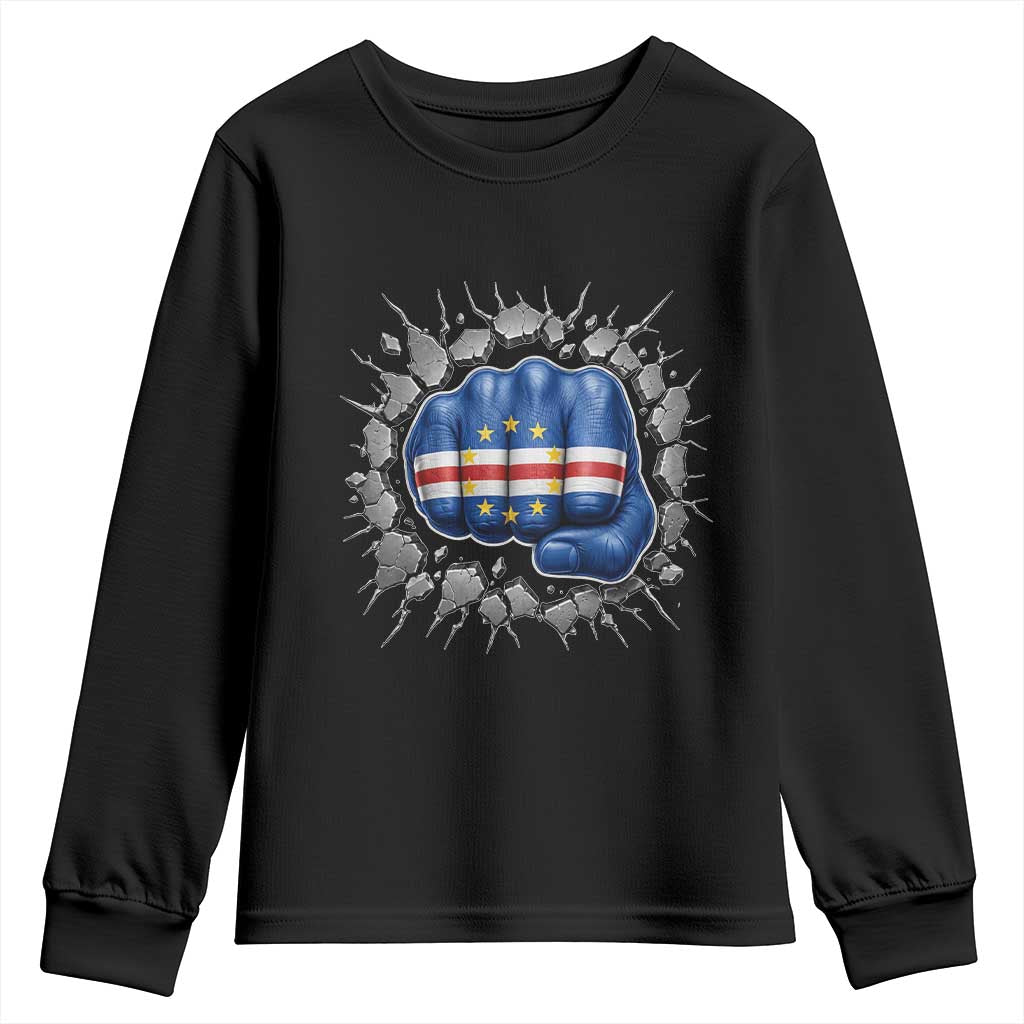 Cape Verde Flag Fist Power Stone Wall Break Graphic Youth Sweatshirt Cabo Verde Strong Roots National Pride