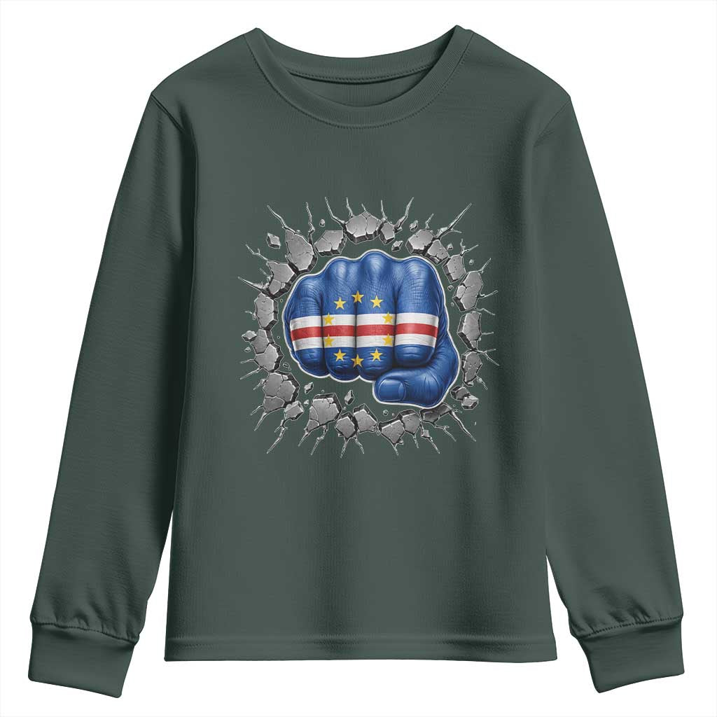 Cape Verde Flag Fist Power Stone Wall Break Graphic Youth Sweatshirt Cabo Verde Strong Roots National Pride