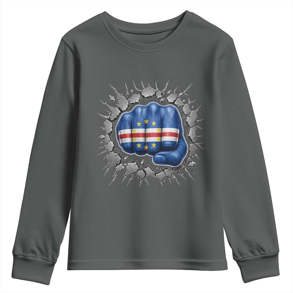 Cape Verde Flag Fist Power Stone Wall Break Graphic Youth Sweatshirt Cabo Verde Strong Roots National Pride