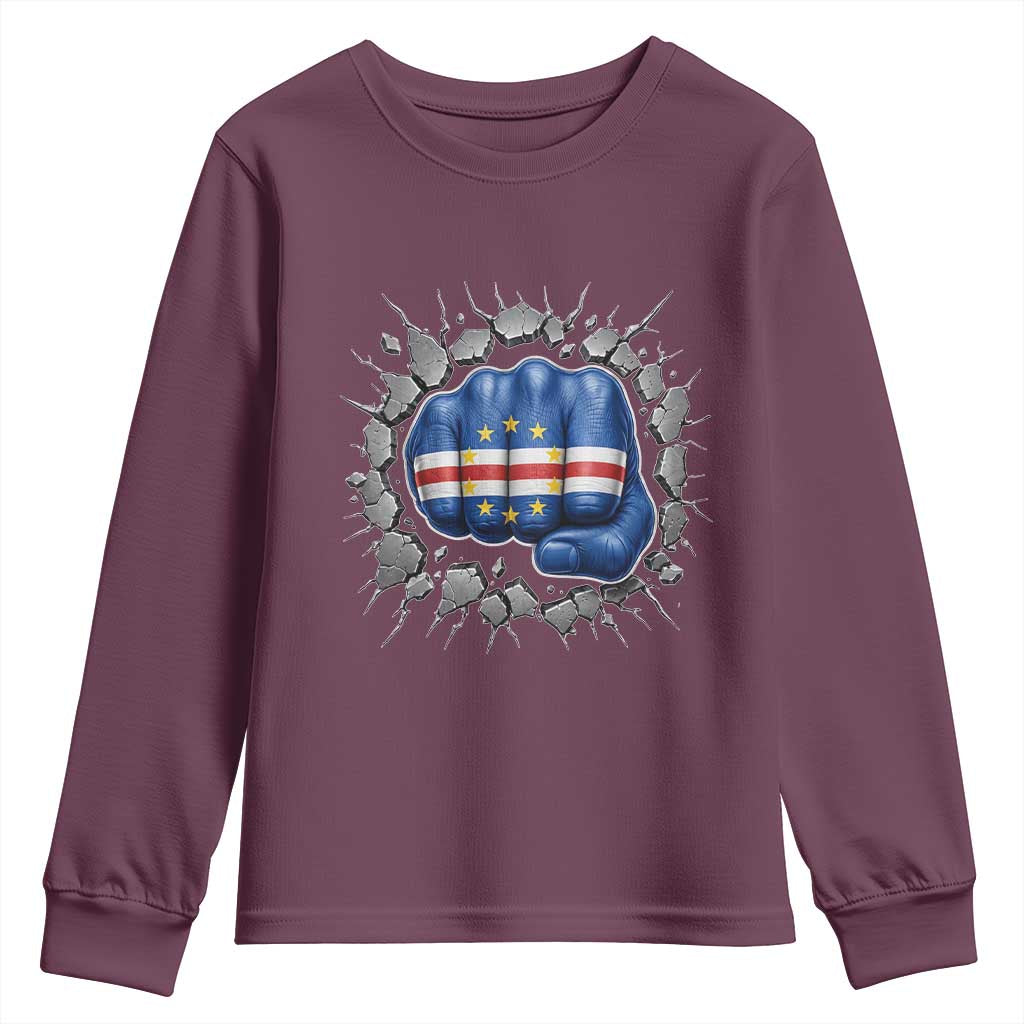 Cape Verde Flag Fist Power Stone Wall Break Graphic Youth Sweatshirt Cabo Verde Strong Roots National Pride