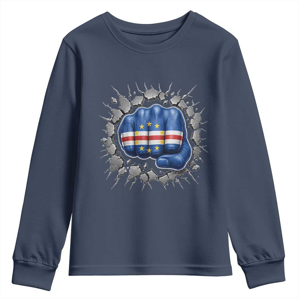 Cape Verde Flag Fist Power Stone Wall Break Graphic Youth Sweatshirt Cabo Verde Strong Roots National Pride