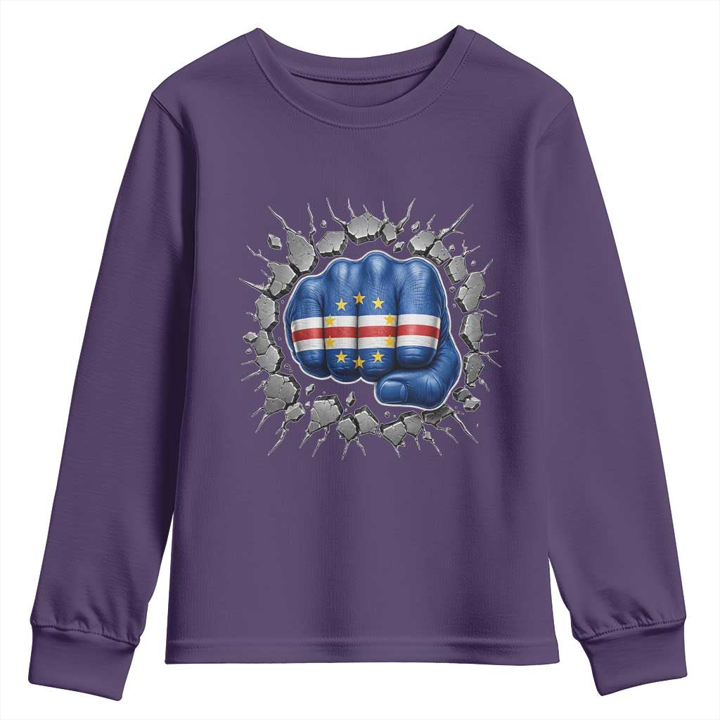 Cape Verde Flag Fist Power Stone Wall Break Graphic Youth Sweatshirt Cabo Verde Strong Roots National Pride