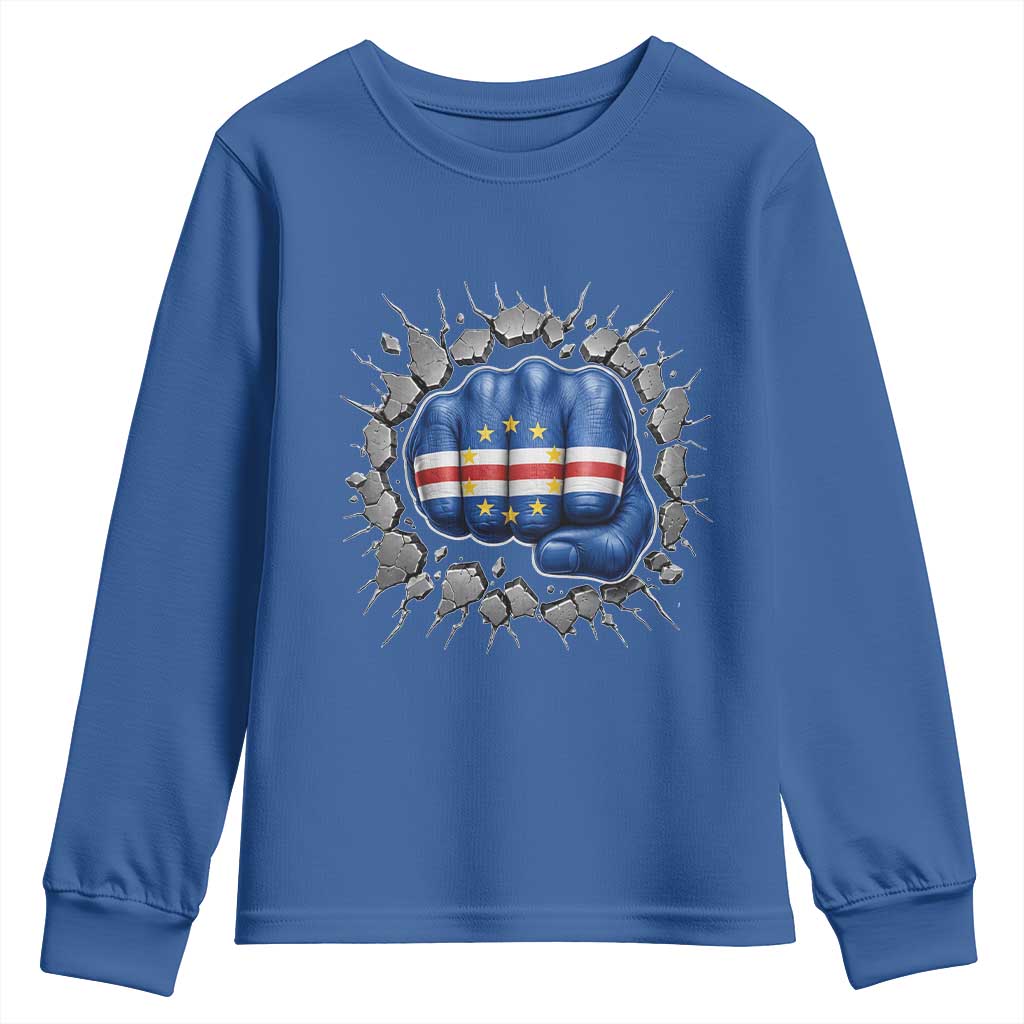 Cape Verde Flag Fist Power Stone Wall Break Graphic Youth Sweatshirt Cabo Verde Strong Roots National Pride