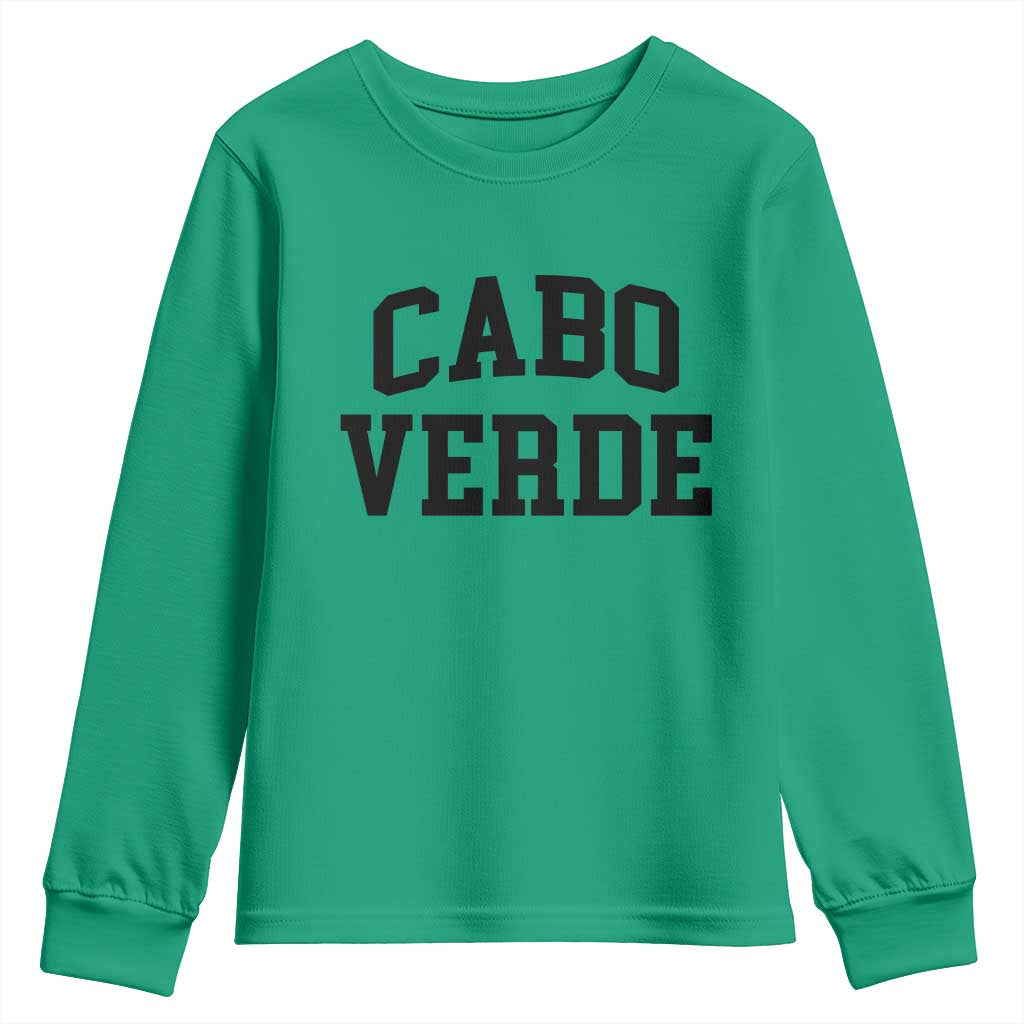 Cabo Verde Returns Home National Pride Varsity Style Youth Sweatshirt Cape Verde Minimalist Text Graphic