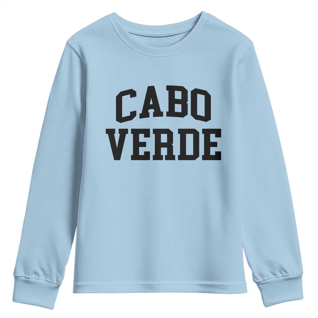 Cabo Verde Returns Home National Pride Varsity Style Youth Sweatshirt Cape Verde Minimalist Text Graphic