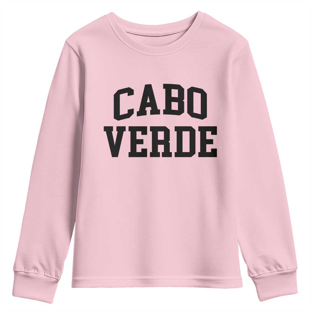 Cabo Verde Returns Home National Pride Varsity Style Youth Sweatshirt Cape Verde Minimalist Text Graphic