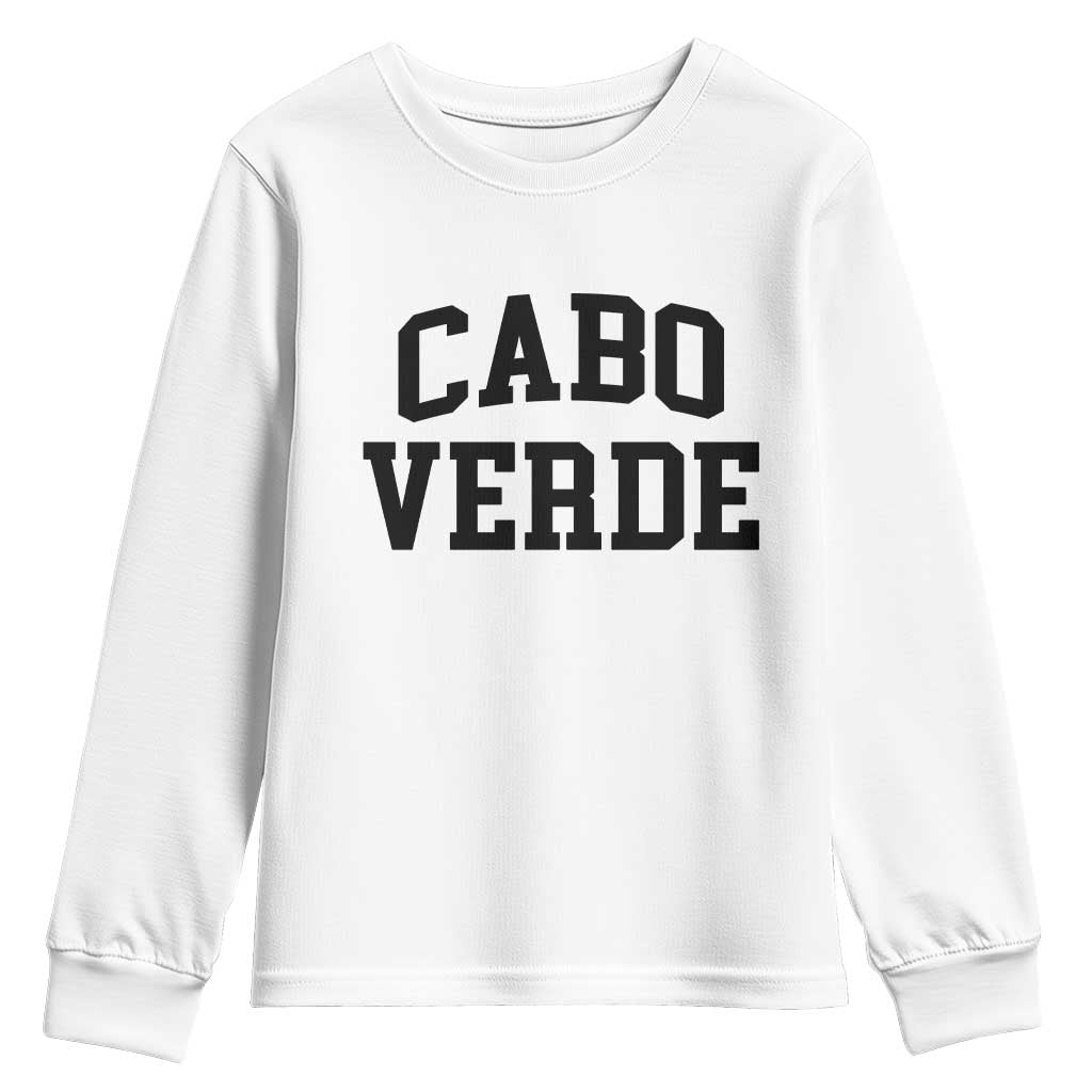 Cabo Verde Returns Home National Pride Varsity Style Youth Sweatshirt Cape Verde Minimalist Text Graphic